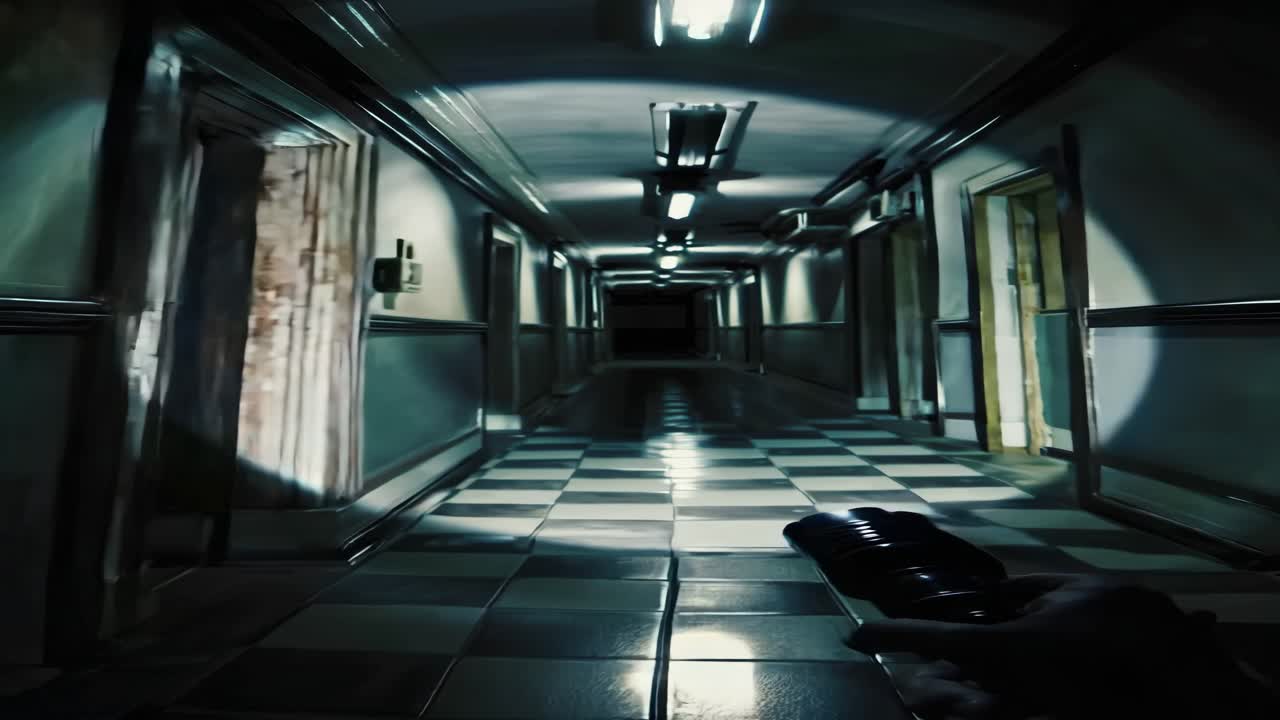 Dark hospital corridor with flashlight casting ominous shadows, generating spine chilling atmosphere of impending danger and psychological tension