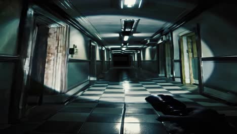 dark hospital corridor with flashlight casting ominous shadows, generating spine chilling atmosphere of impending danger and psychological tension