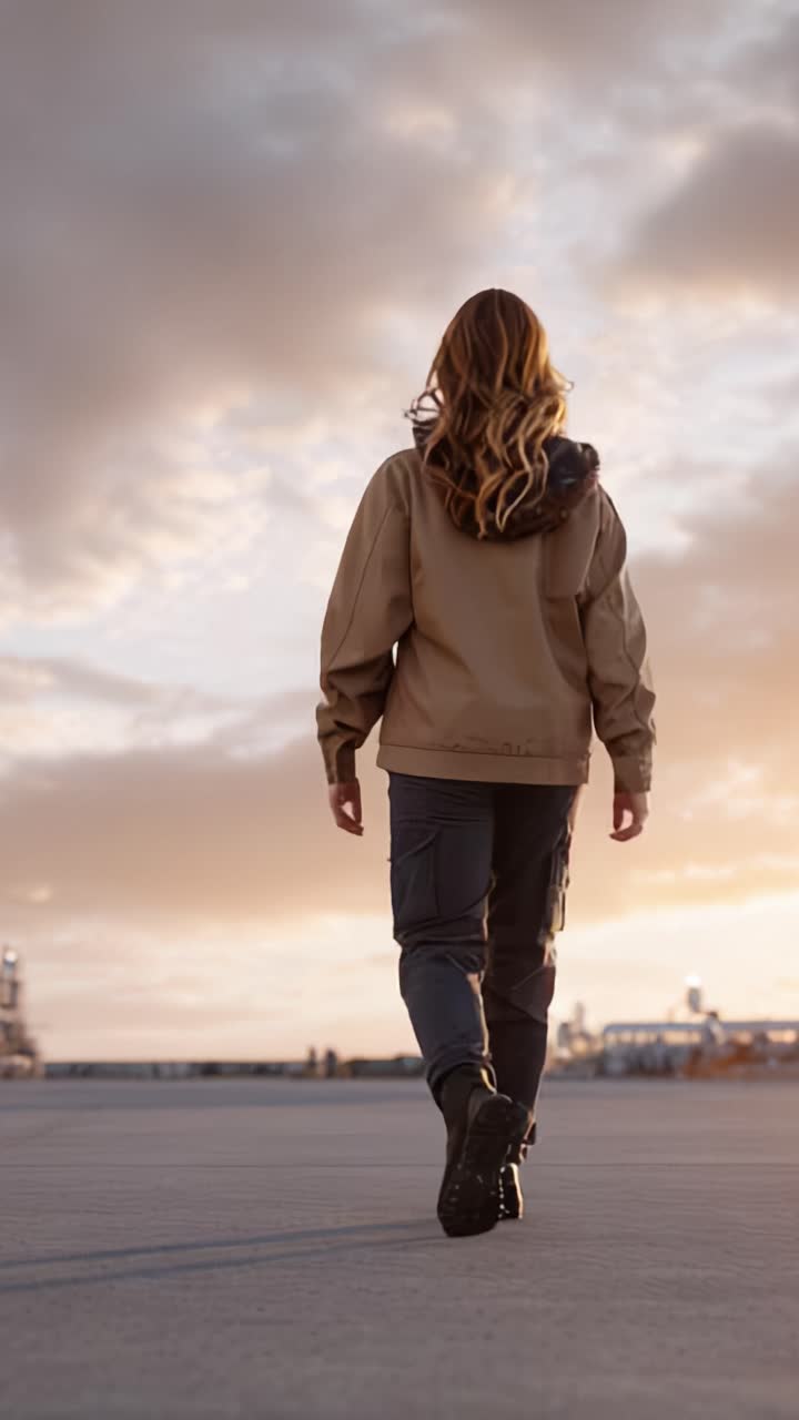 Una figura solitaria caminando hacia el horizonte, vestida con ropa informal para exteriores, disfrutando de una serena puesta de sol en medio de un pintoresco telón de fondo industrial.