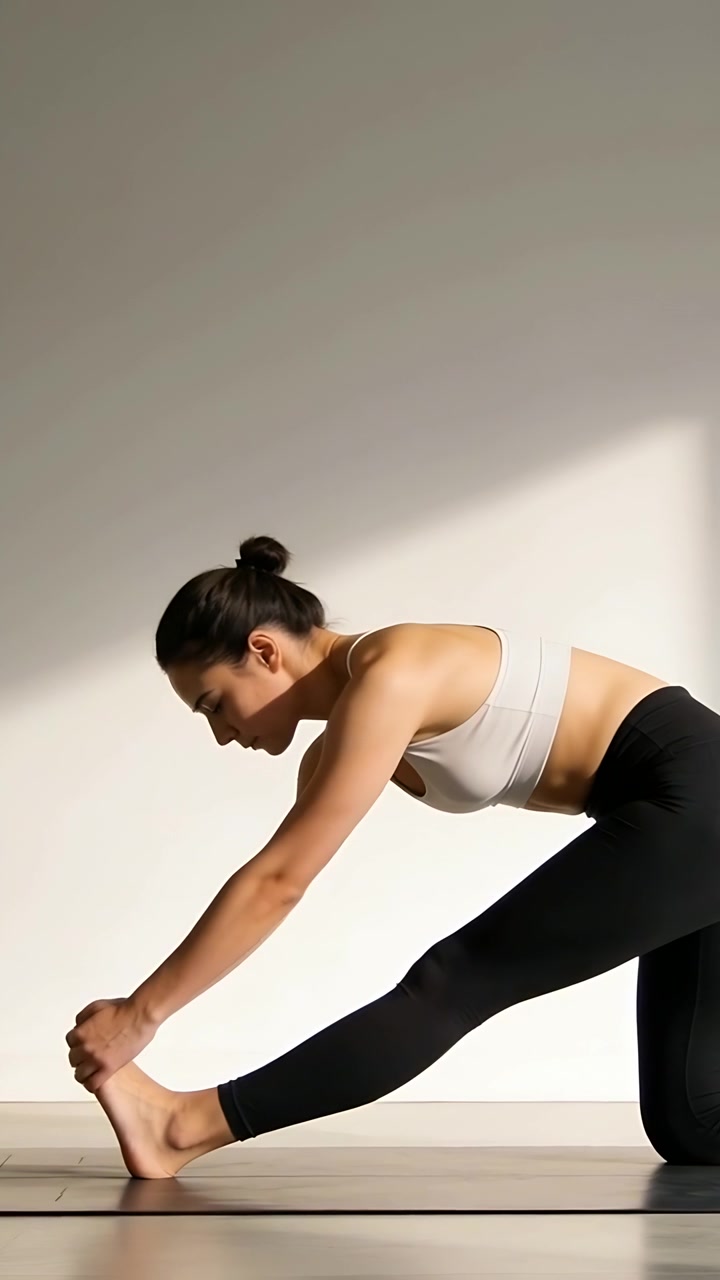 Vertical video: Starting kneeling woman in bra grasping foot lunging on mat at home for stretch