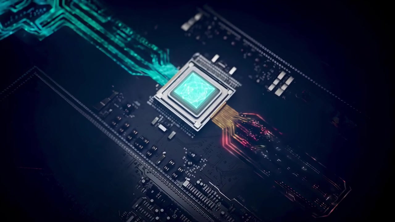 Futuristic Computer Chip Processing Data on a Circuit Board