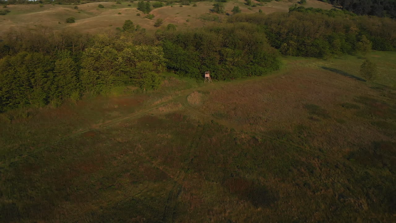 vista aérea de una cabaña de caza en un prado, mañana, destello de lente