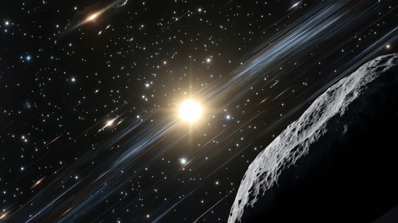 広角で捉えられた、光の筋に囲まれた明るい星が特徴の宇宙ビデオシーン。