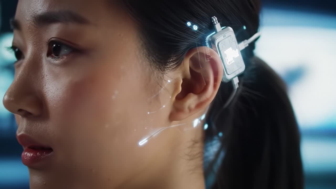 Technology meets human capability in a modern environment. A woman interacts through a sleek wearable device, showcasing the fusion of style and advanced functionality.