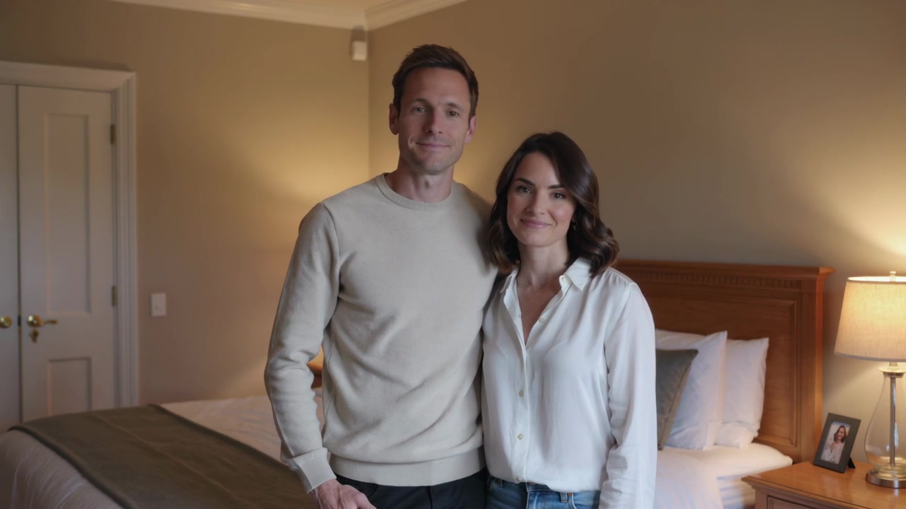 Coppia sorridente in piedi in camera da letto accanto al letto, che guarda dopo un segnale della telecamera, indossando un maglione e una camicetta.