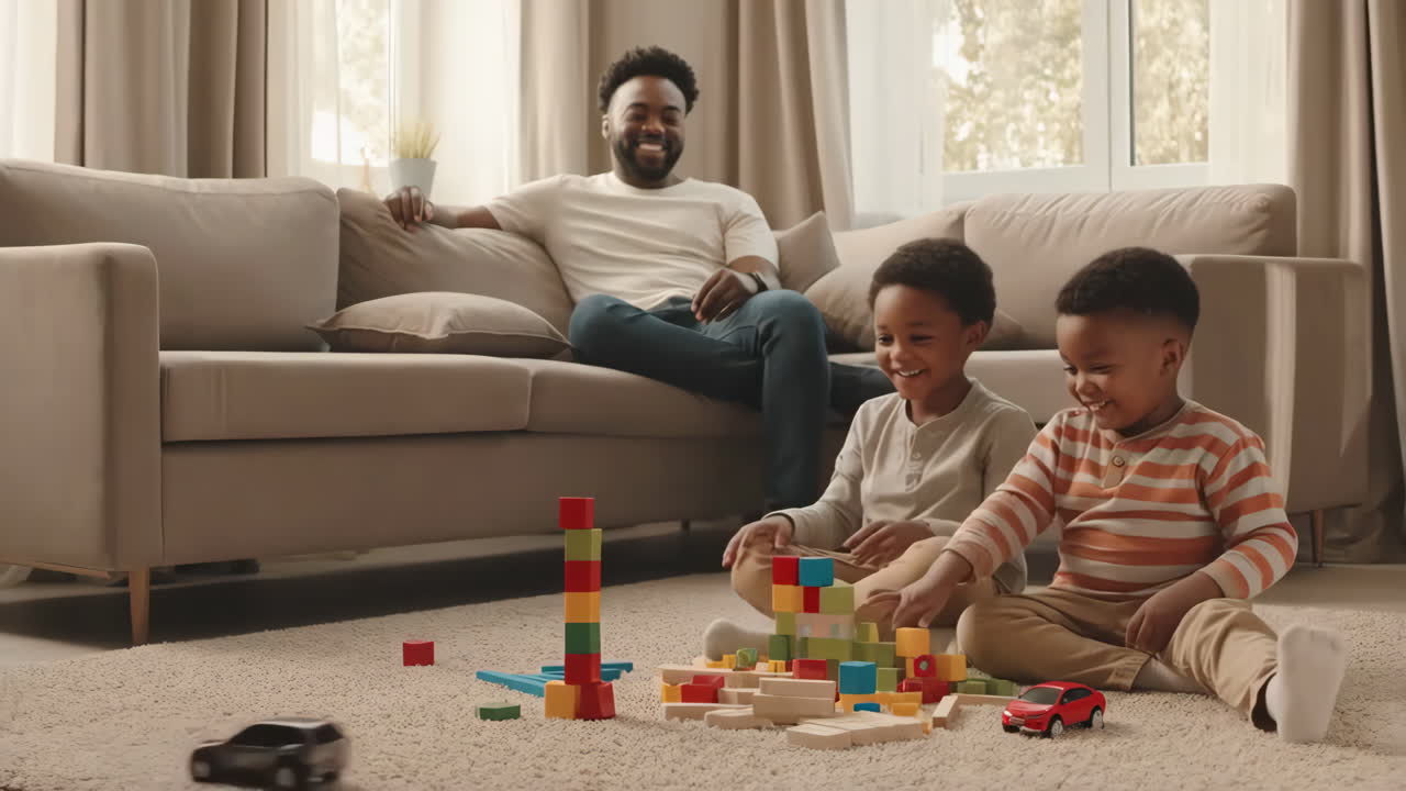 A father watching his two sons playing with wooden blocks