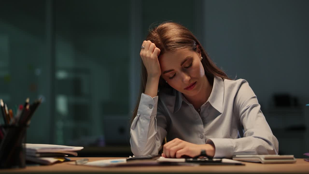 Overworked Businesswoman Appears Stressed and Exhausted in Dim Office