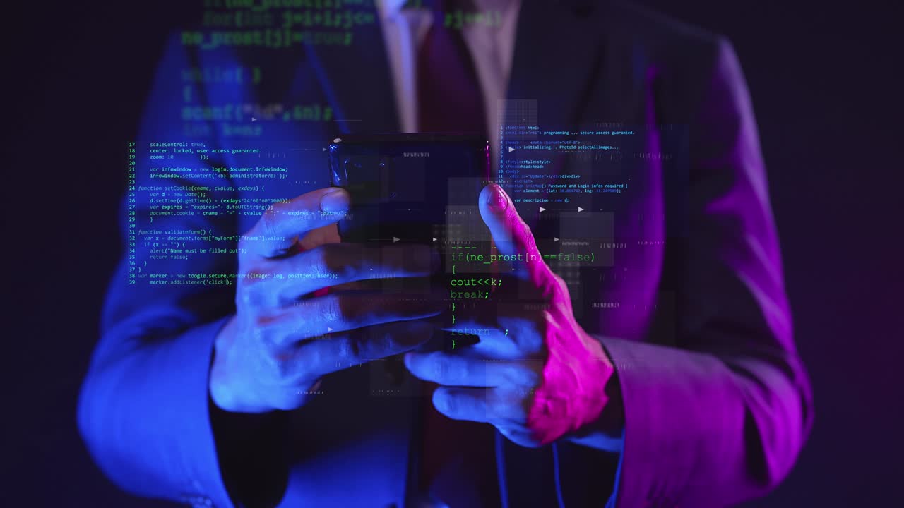 Smart fintech programmer using mobile phone futuristic computer coding, future artificial intelligence big data business finance computer technology concept.