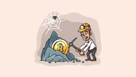 un hombre de negocios extrae bitcoin. ilustración de video de la roca bitcoin un hombre de negocio con un pico. animación de bucle