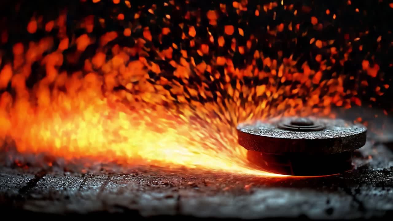 Captivating Display of Sparks and Heat: A Close-Up View of a Metal or Steel Disc Surrounded by Glowing Embers and Fiery Particles Emanating from the Surface