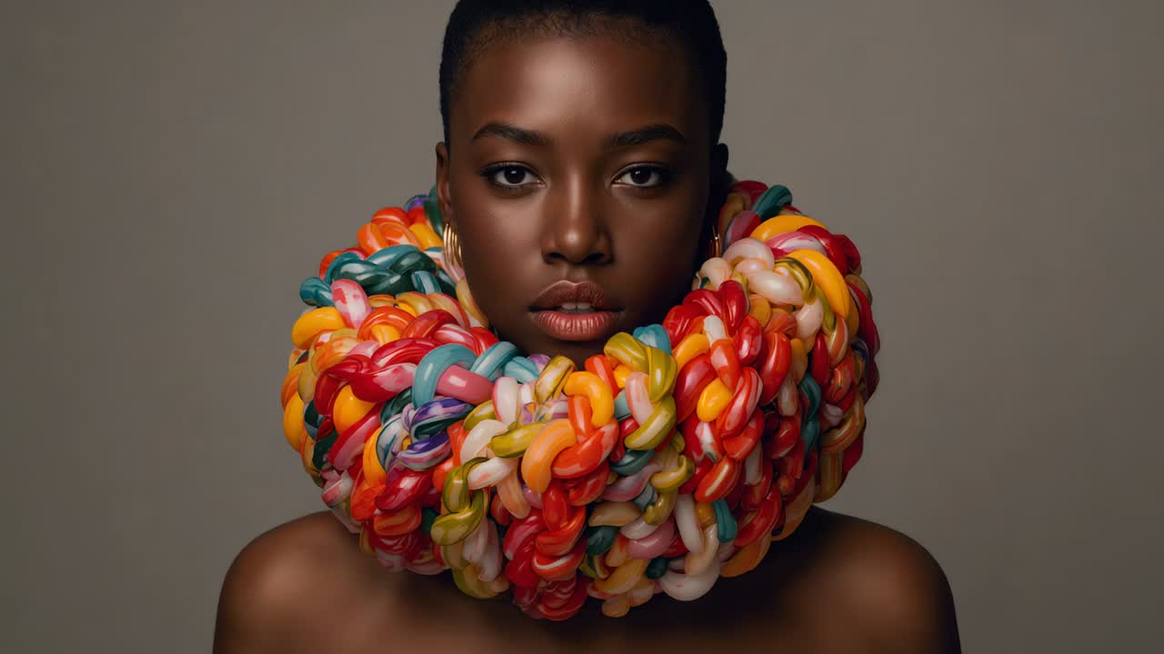 Posing model centered in studio while collar settling showcasing bare shoulders bold collar and ho