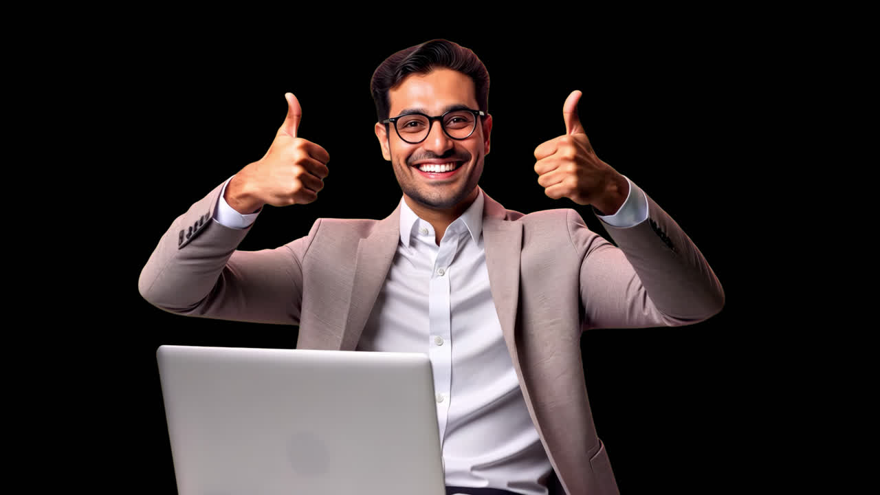 Happy Businessman Giving Thumbs Up with Laptop on Black Background