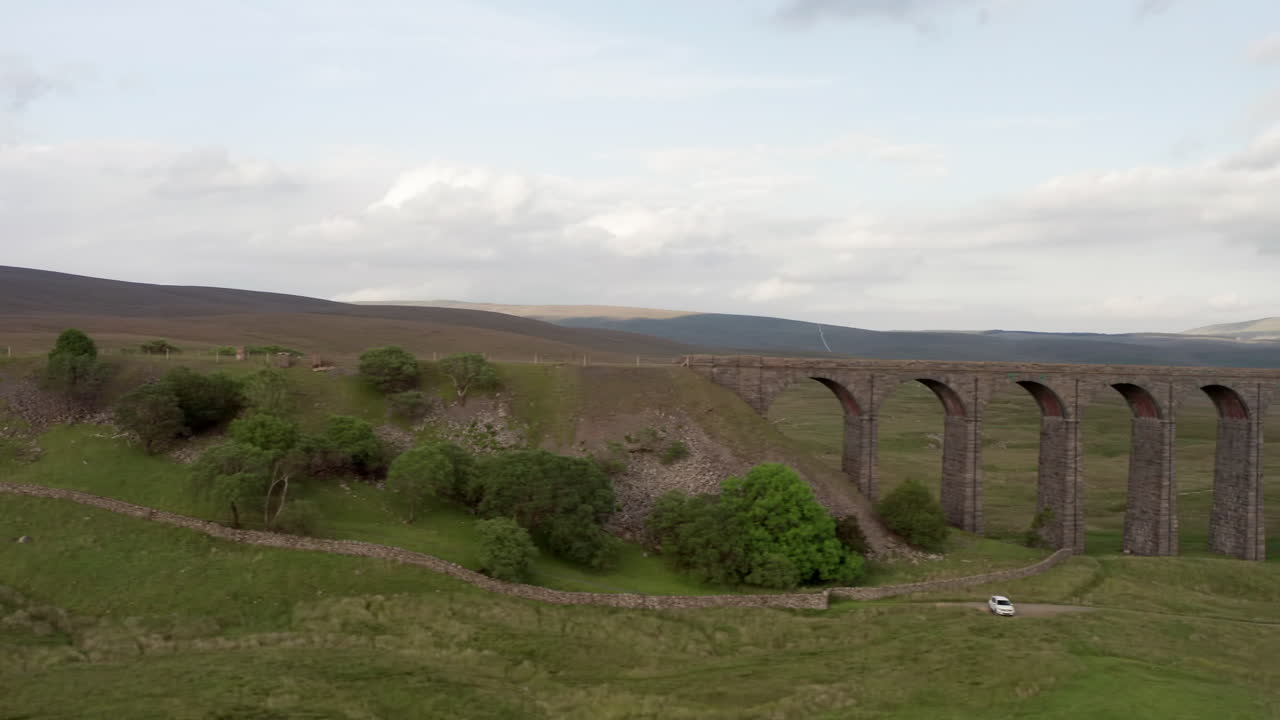 Spårningsbild från vänster till höger av Ribbleheadviadukten i Yorkshire Dales nationalpark