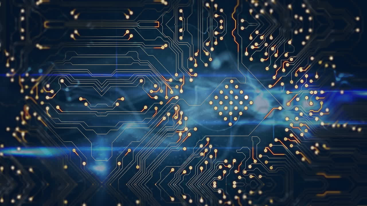 파란색 배경에 파란색 디지털 파도를 통해 마이크로프로세서 연결의 디지털 애니메이션