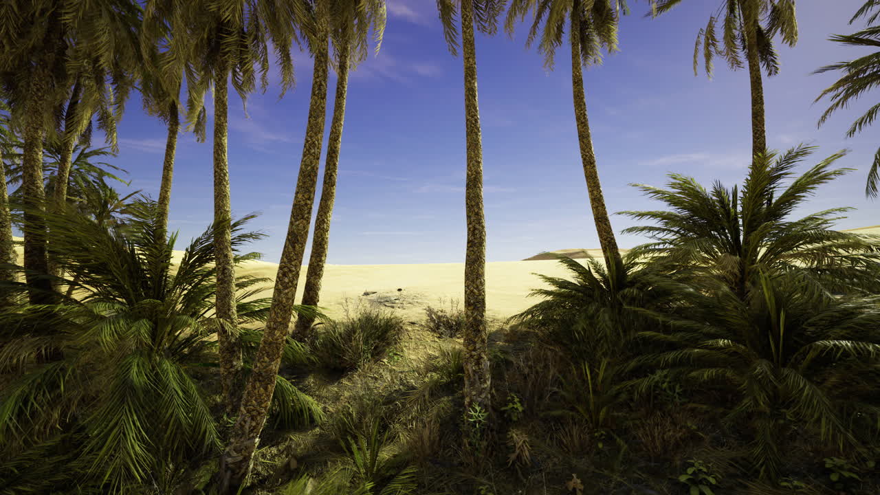 Serene tropical oasis surrounded by elegant palm trees at sunset