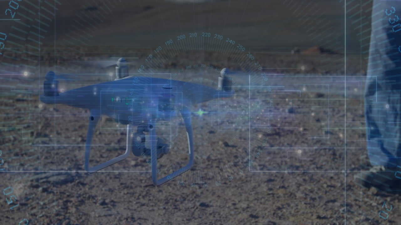 Drone displaying animation of data and coordinates on rocky ground interface
