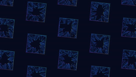 Digital futuristic squares pattern with neon dots and grid on black gradient