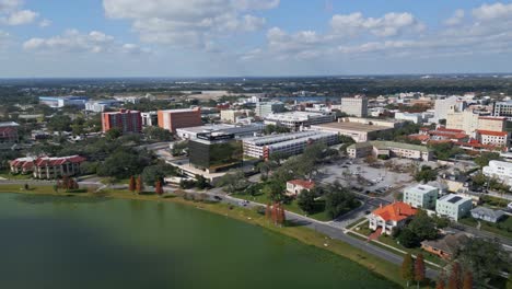 the cityscape of lakeland, florida as seen from over lake morton