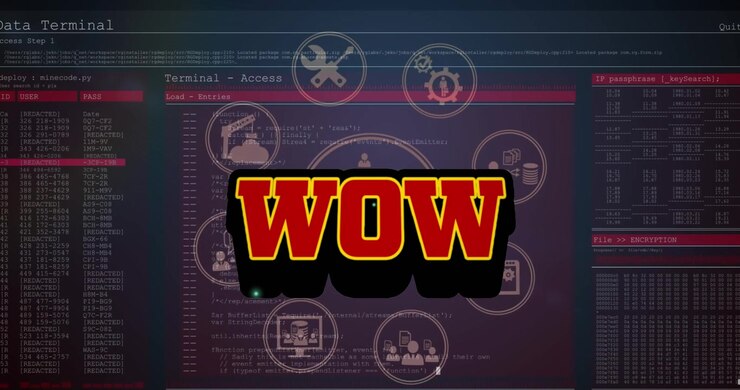 Animation of wow text over icons and data processing