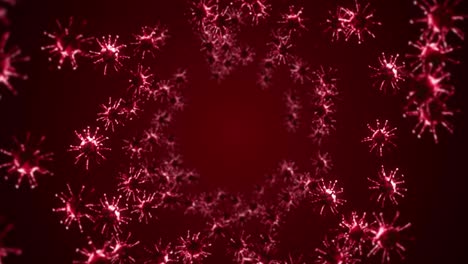 volando muchas células de virus en fondo rojo. concepto médico, ilustración microscópica. animación 3d de la molécula de virus girando. animación de bucle.