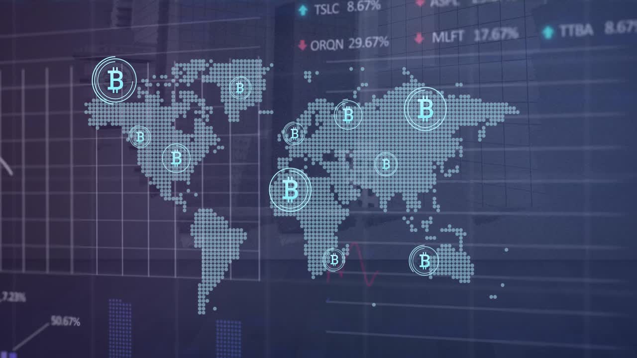Animation of world map and bitcoin signs over dark background