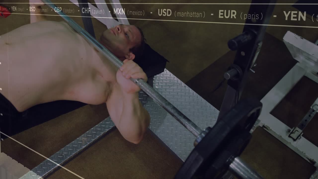 Man lifting loaded barbell from rack and bench-pressing for fitness, currency tickers overlaying