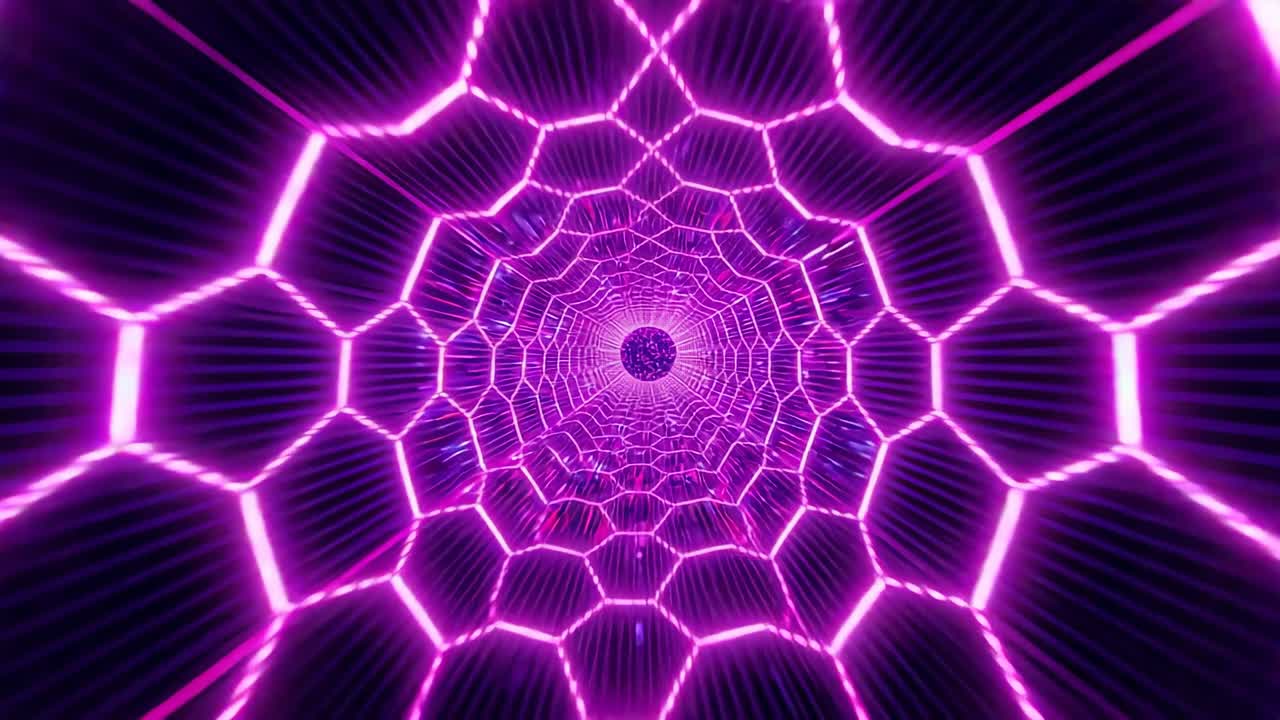 Light pulses accelerating camera through neon-lit hexagonal tunnel, revealing small dark orb at end