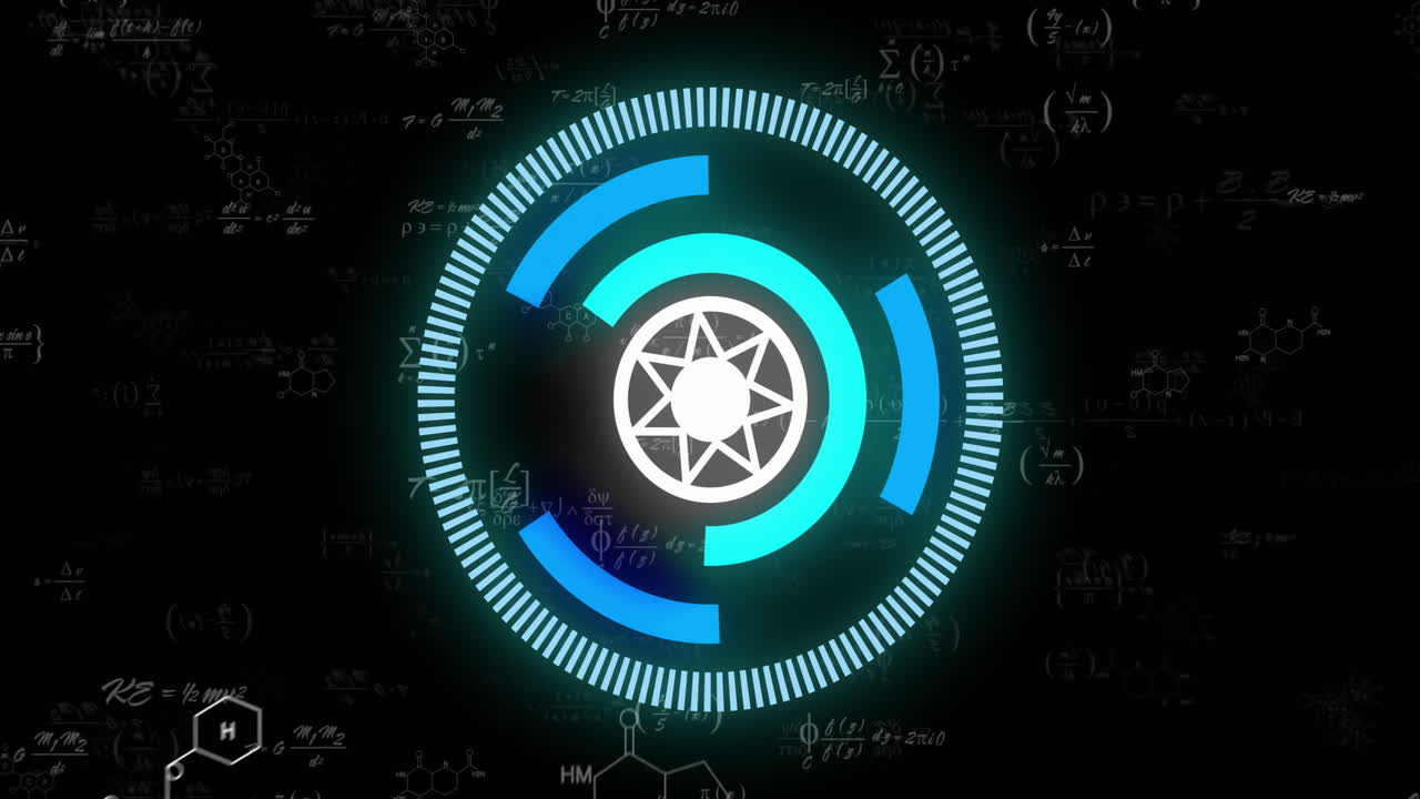 Rotating geometric shapes and mathematical formulas, scientific data processing animation
