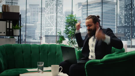 vertical video proud satisfied ceo mimics air guitar singing and celebrating achievement