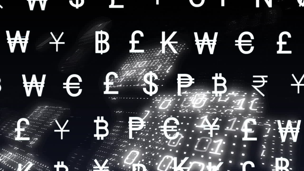 Animation of binary coding data processing over currency signs