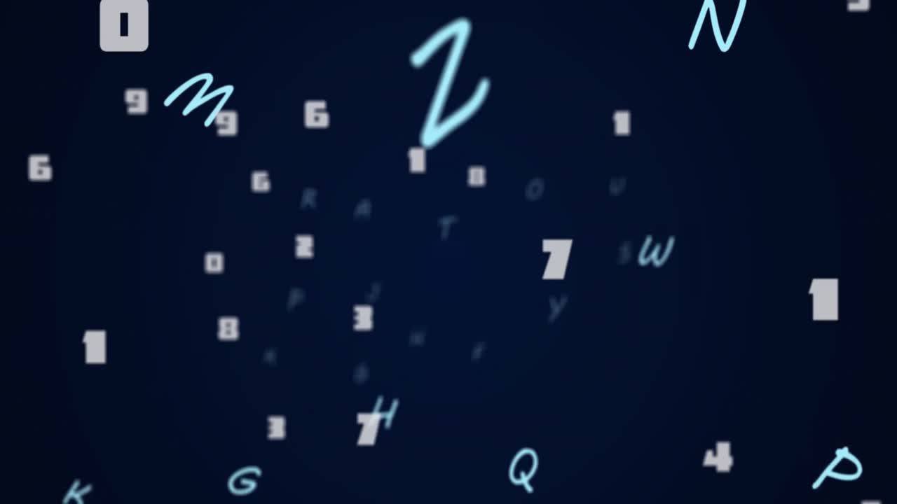 animación de números y letras que cambian sobre un fondo azul oscuro