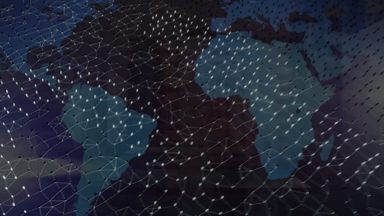 Feminine icon lighting up, spawning glowing nodes flowing along world map lines, showing tech mesh