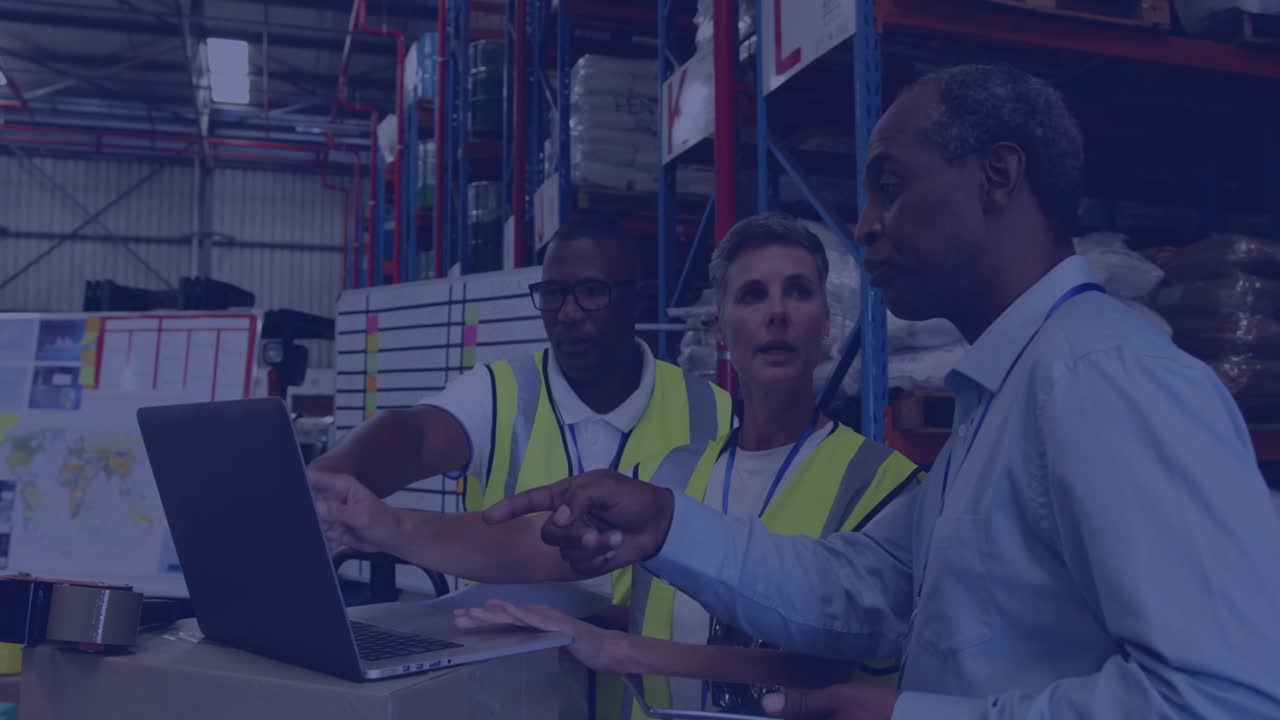 Right worker pointing tablet at laptop, warehouse team auditing inventory with speech icons