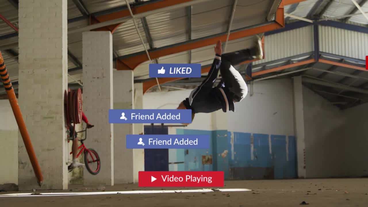 Uomo che salta piegando le ginocchia, con icone social che appaiono e guadagnano iscritti, mentre un amico gira in BMX.