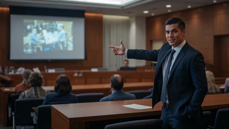 Schermata che mostra una foto sfocata, uomo in abito scuro che indica, rivolgendosi al pubblico del tribunale, spazio per il testo