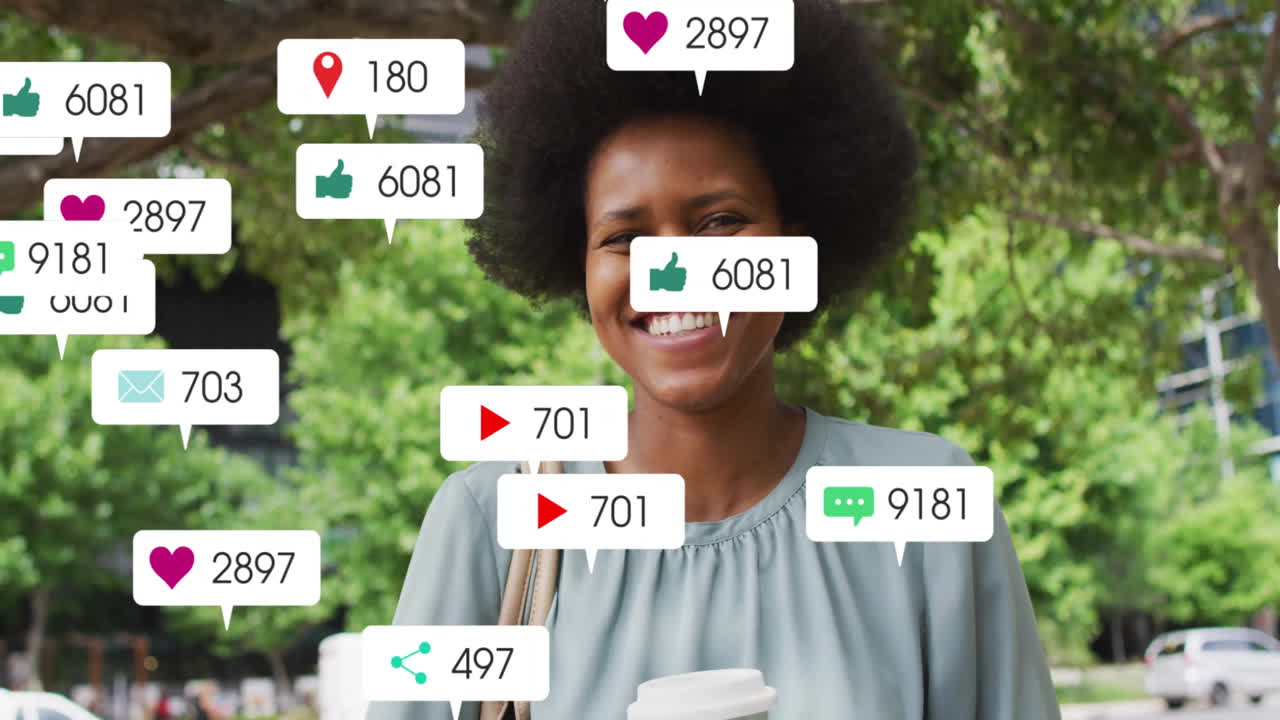 Holding coffee, woman surrounded by floating social media icons in animation