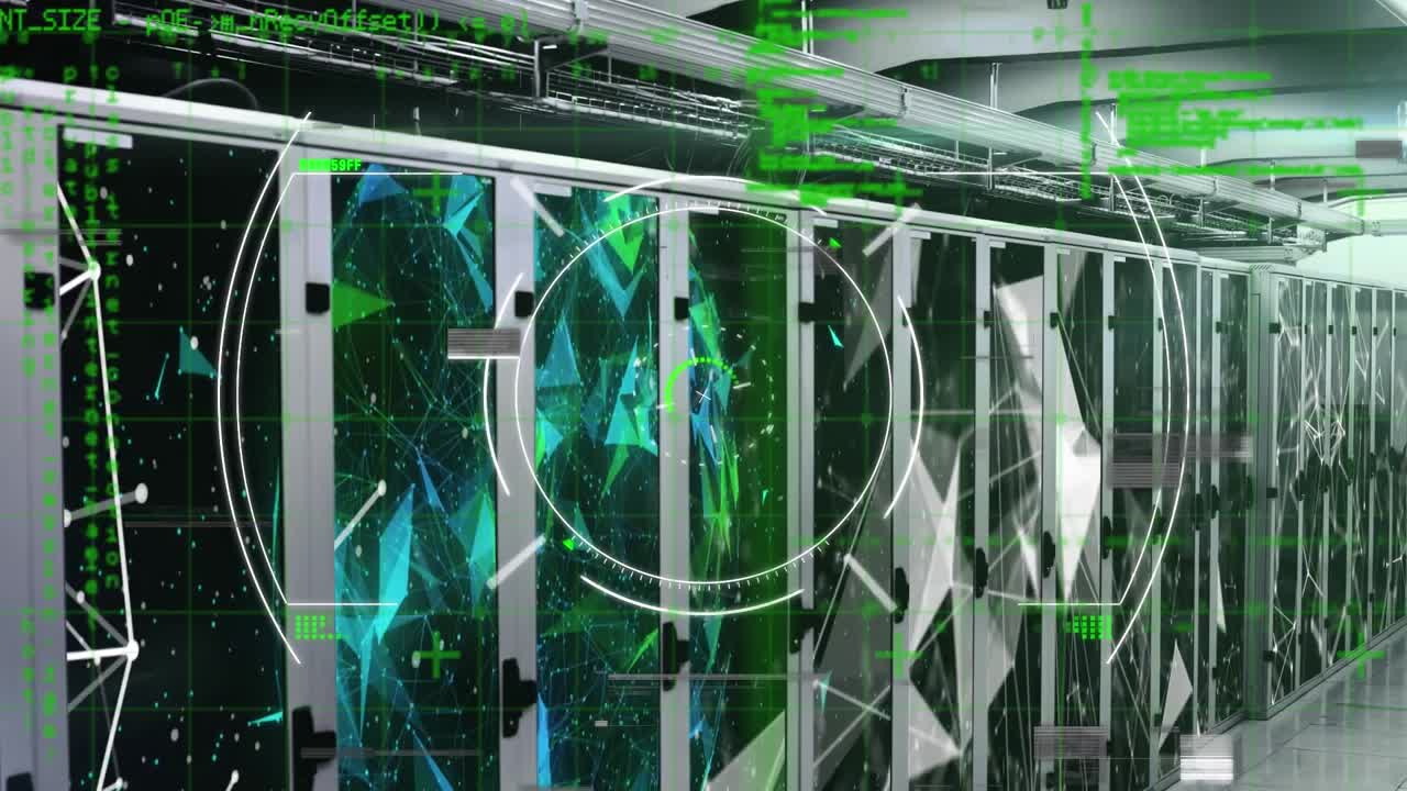 Animation of interference, data processing and scope scanning over server room