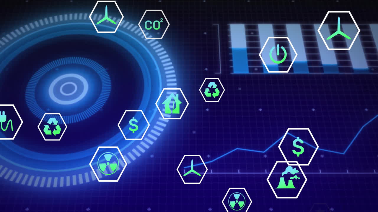Animation of eco-friendly icons with futuristic financial graphs in school setting