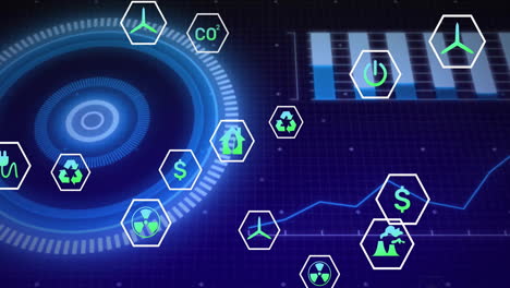 animation of eco-friendly icons with futuristic financial graphs in school setting