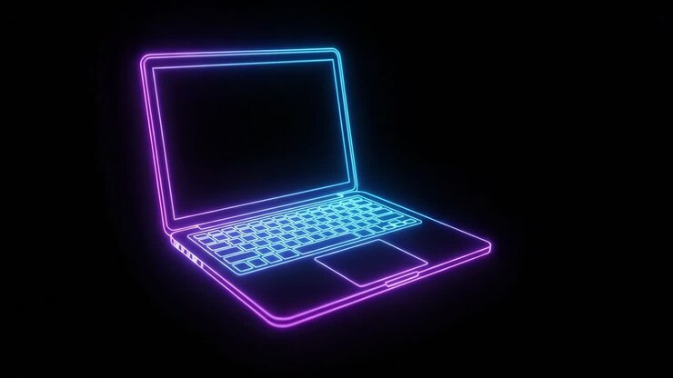 Neonleuchtende Laptop-Umriss-Animation auf schwarzem Hintergrund