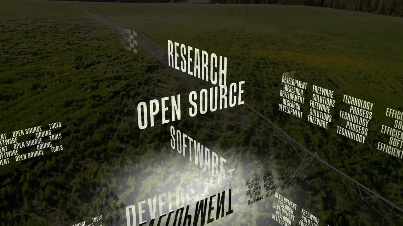 Glow appearing near center, camera pulling back, 3D text rotating, revealing open source research
