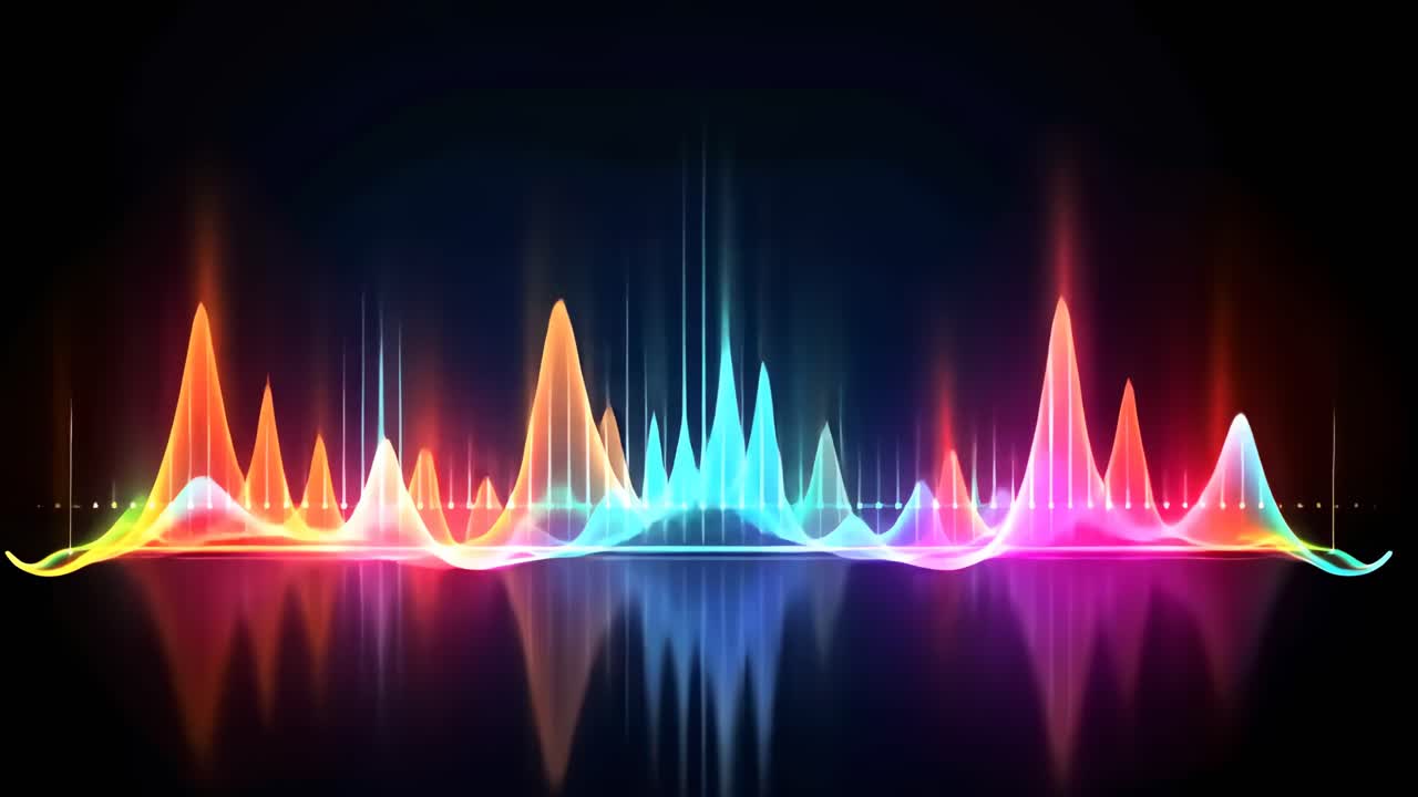 Colorful sound waves in a digital style, viewed from a front angle, resembling an audio visualizer