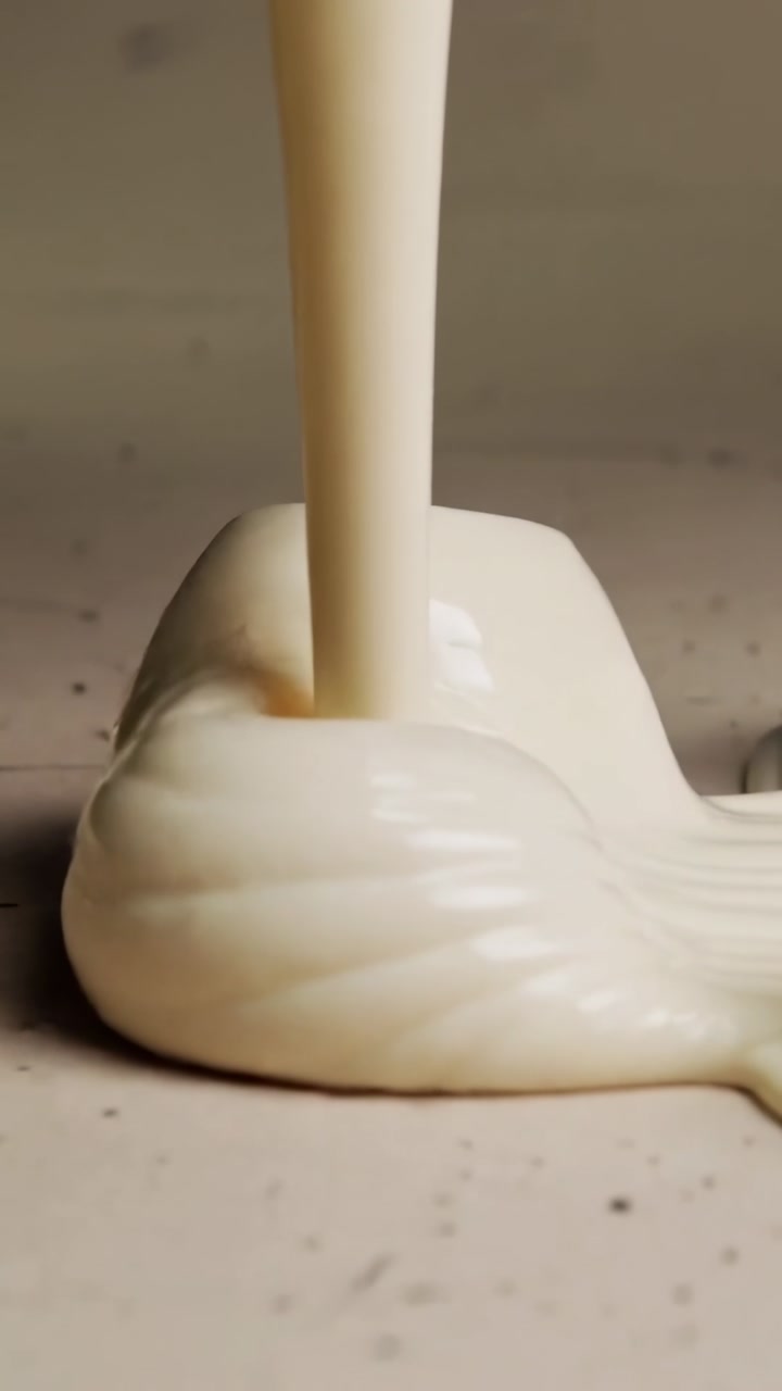 Vertical video: Pouring steady cream stream forming spiral pile on dotted counter, joining blocks