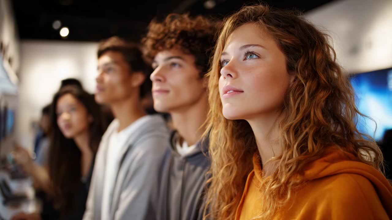 A group of diverse young individuals attentively engaging in a digital experience, showcasing curiosity and fascination in a contemporary learning environment filled with technology