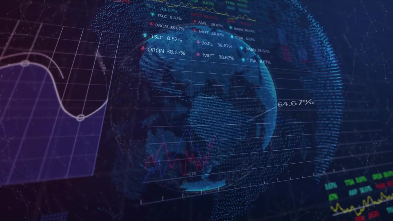 Durante l'aggiornamento dei dati, un globo si anima mentre una griglia scorre disegnando una curva finanziaria e aggiornando le etichette percentuali.