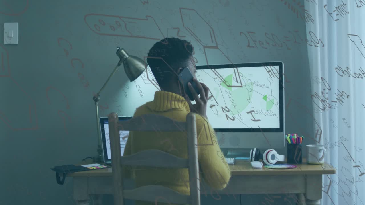 Animation of data processing over african american businesswoman using smartphone
