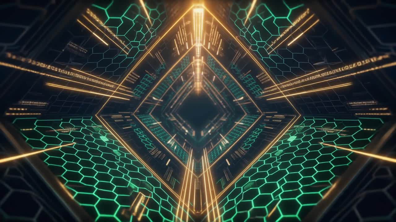 Attraversando un Tunnel Digitale Futuristico con Dati Luminosi