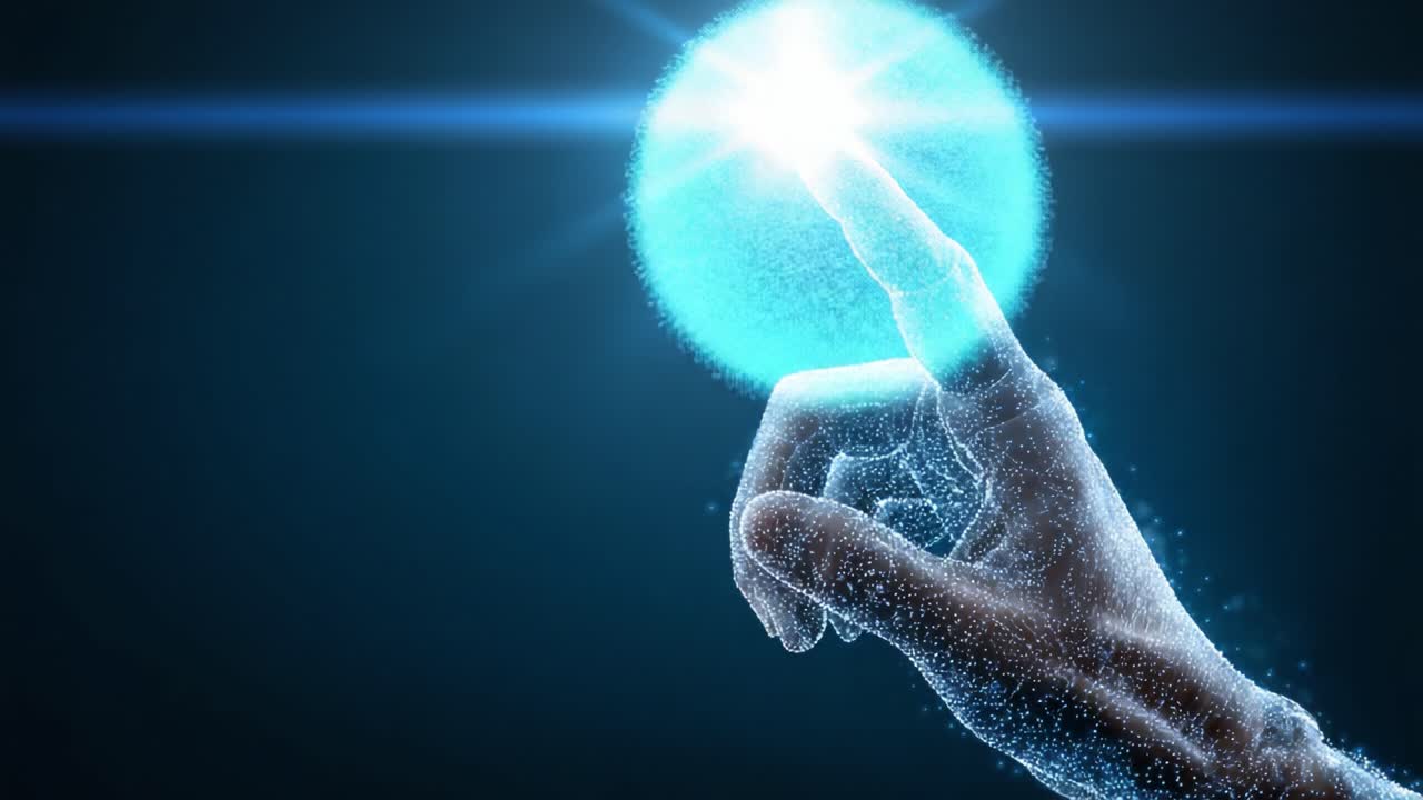 Um Vislumbre Futurista: Uma Mão Estendendo-se com um Toque Luminoso de Luz e Energia, Simbolizando Conexão, Possibilidade e Inovação na Era Digital.
