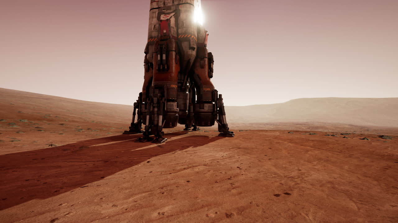 Exploring a martian base with landing equipment on the rugged red terrain