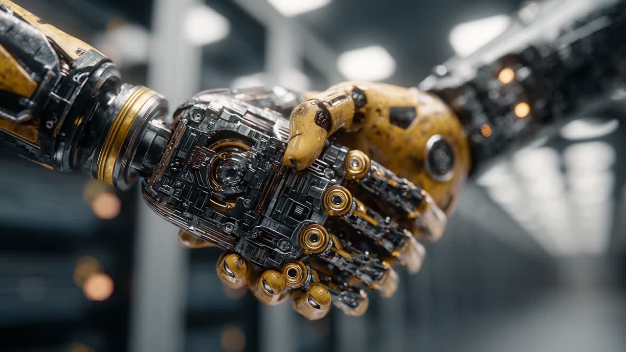 A Close-Up of Two Advanced Robot Hands Engaged in a Firm Handshake, Symbolizing Cooperation and Collaboration in the Age of Artificial Intelligence